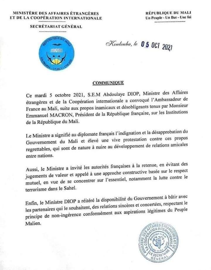 L’ambassadeur de France au Mali, Joël Meyer convoqué hier 5 octobre 2021 par le ministre des Affaires étrangères.