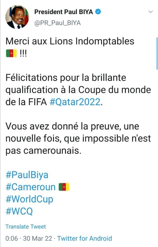 Curiosité : l’heure exacte de la publication de Paul Biya sur Twitter après la qualification des Lions Indomptables