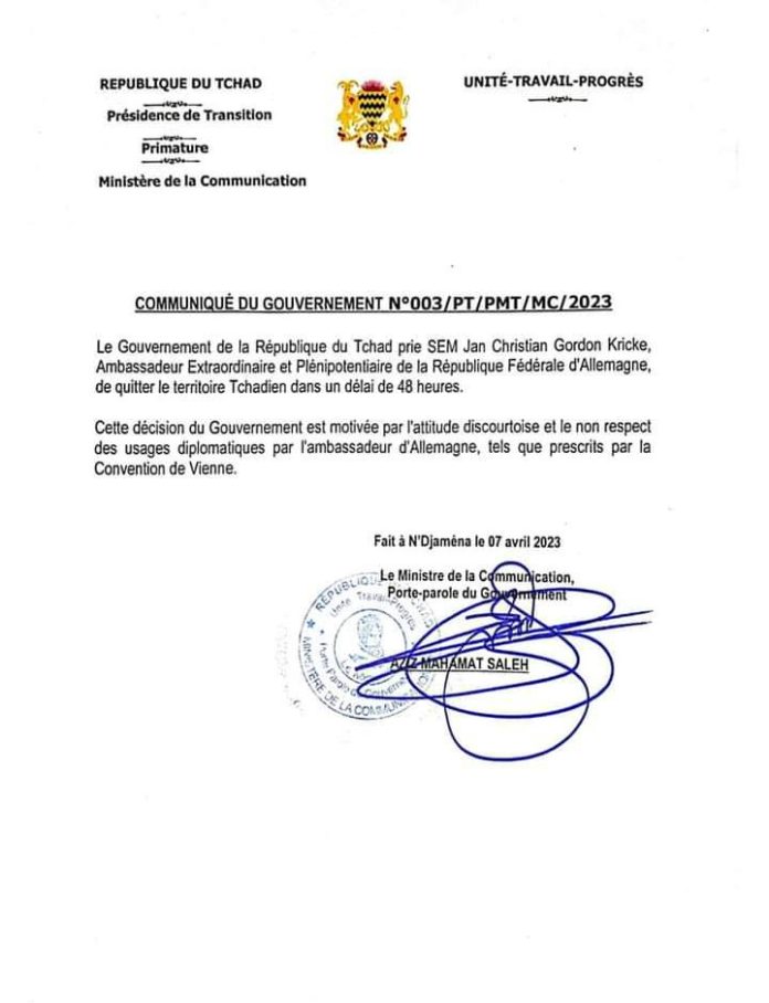 Crise diplomatique : le gouvernement tchadien expulse l'ambassadeur d'Allemagne