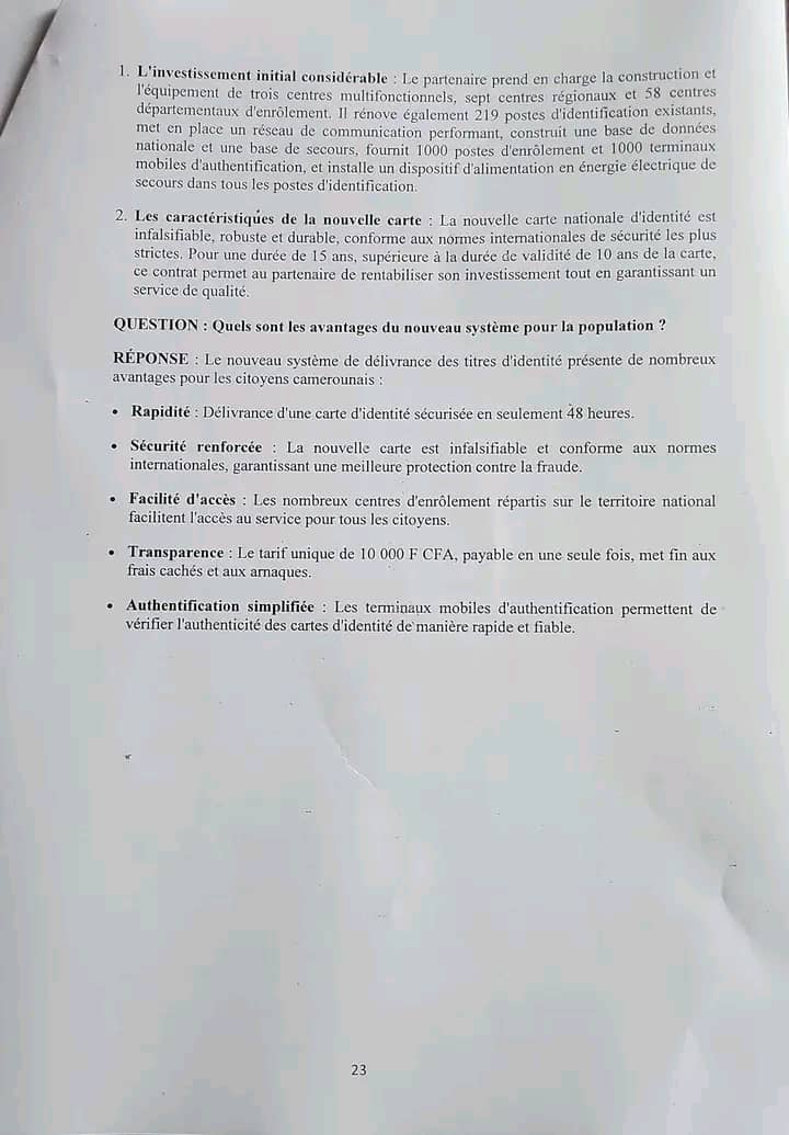 Contrairement à ce qui est rapporté sur les réseaux sociaux et par certains médias depuis plusieurs semaines, le prix final d’établissement de la Carte nationale d’identité (CNI) du Cameroun s'élève à 10 000 FCFA, payable en ligne. Selon une note de la direction générale des Impôts, « le droit de timbre de 10 000 FCFA inclut désormais tous les frais liés à la production de la carte, tels que le certificat de nationalité, la copie d’acte de naissance, l’extrait de casier judiciaire et la photographie ».