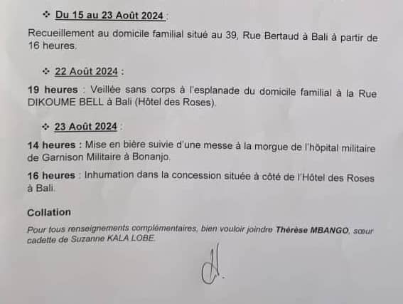 Décédée le 1er août 2024 à Douala à 71 ans, la journaliste et chroniqueuse Suzanne Kala Lobe entame son dernier voyage. La doyenne du journalisme au Cameroun et ancienne membre du Conseil national de la communication (CNC) laisse un grand vide dans le cœur de la nation toute entière. Ci-dessous, le programme de ses obsèques rendu public ce vendredi 16 août 2024 par la famille Kala Lobe.  