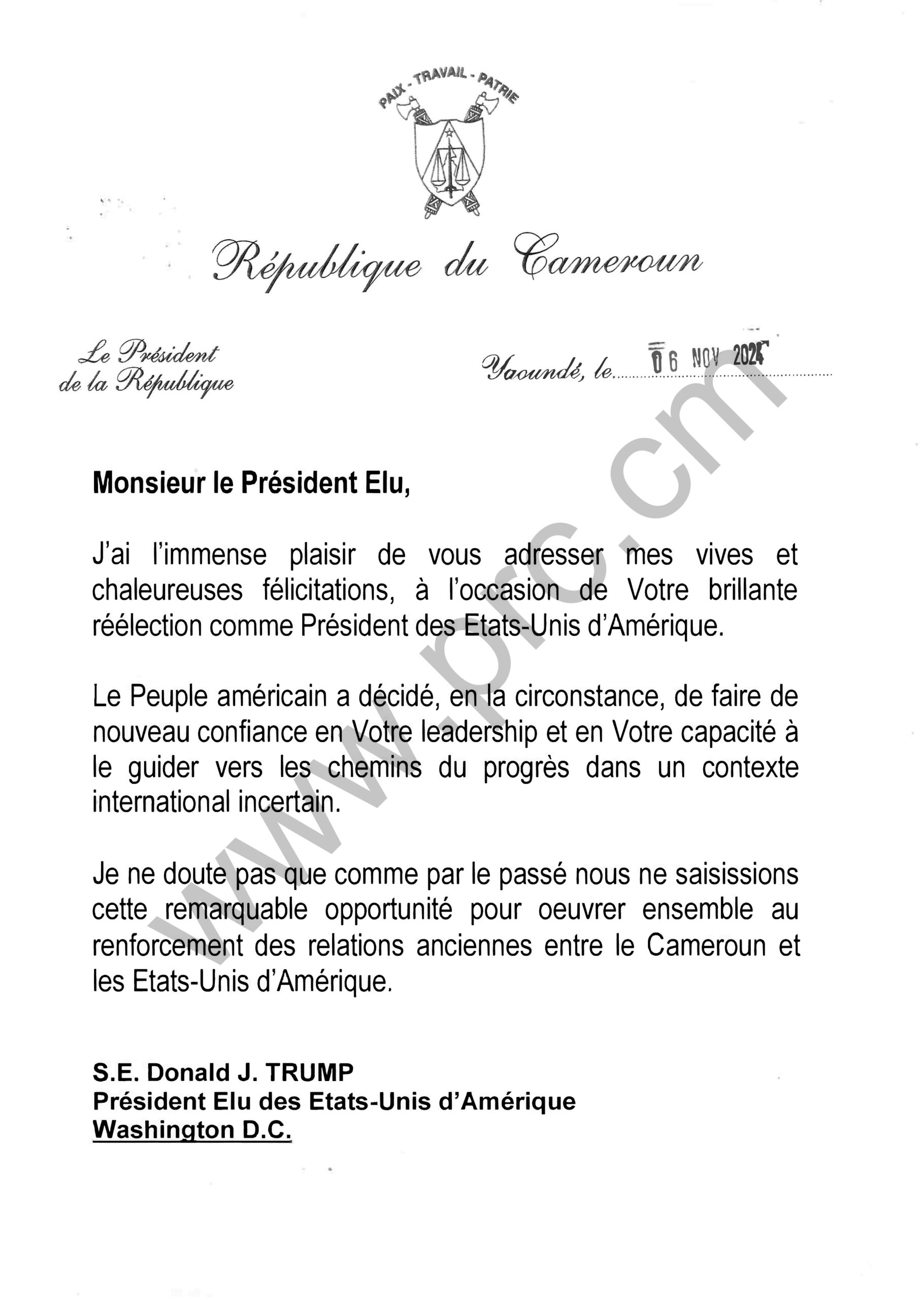 Présidentielle américaine 2024 : Paul Biya félicite Donald Trump