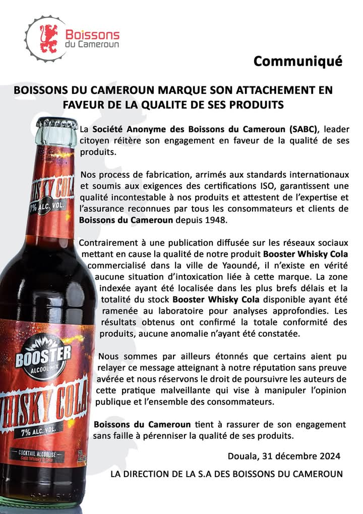 Booster Whisky Cola: après "analyses approfondies, les résultats obtenus ont confirmé la totale conformité des produits, aucune anomalie n'ayant été constatée", rassure la SABC 