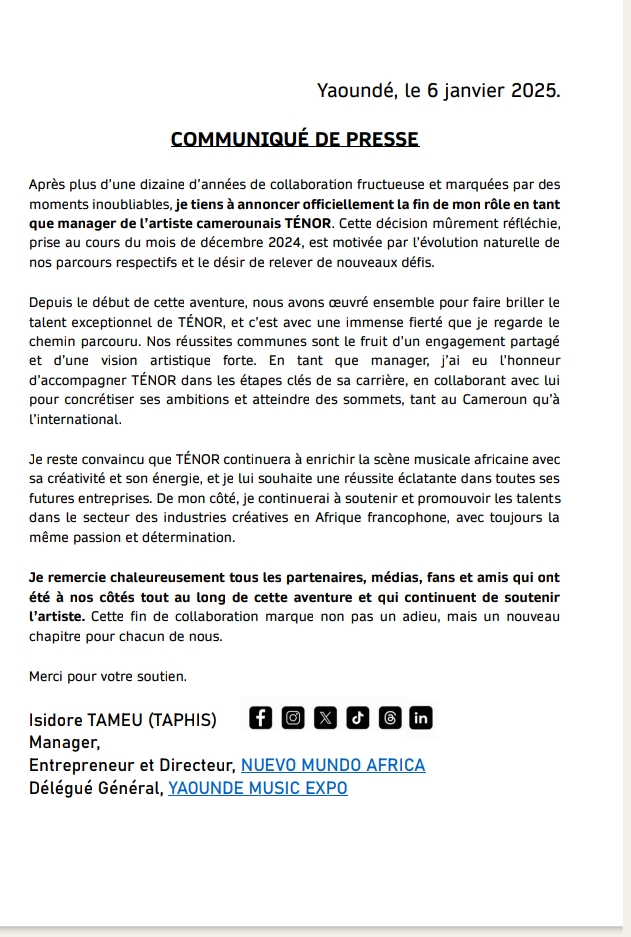 Après plus d’une dizaine d’années de collaboration, l’entrepreneur culturel tourne la page du jeune artiste camerounais de 26 ans.  