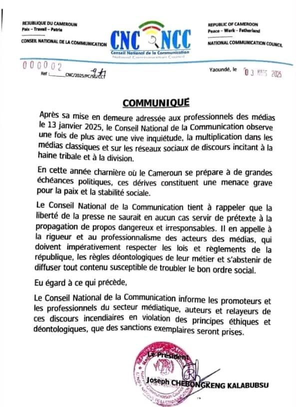 Cameroun : à l’approche de la présidentielle, le CNC met en garde contre les discours de haine tribale